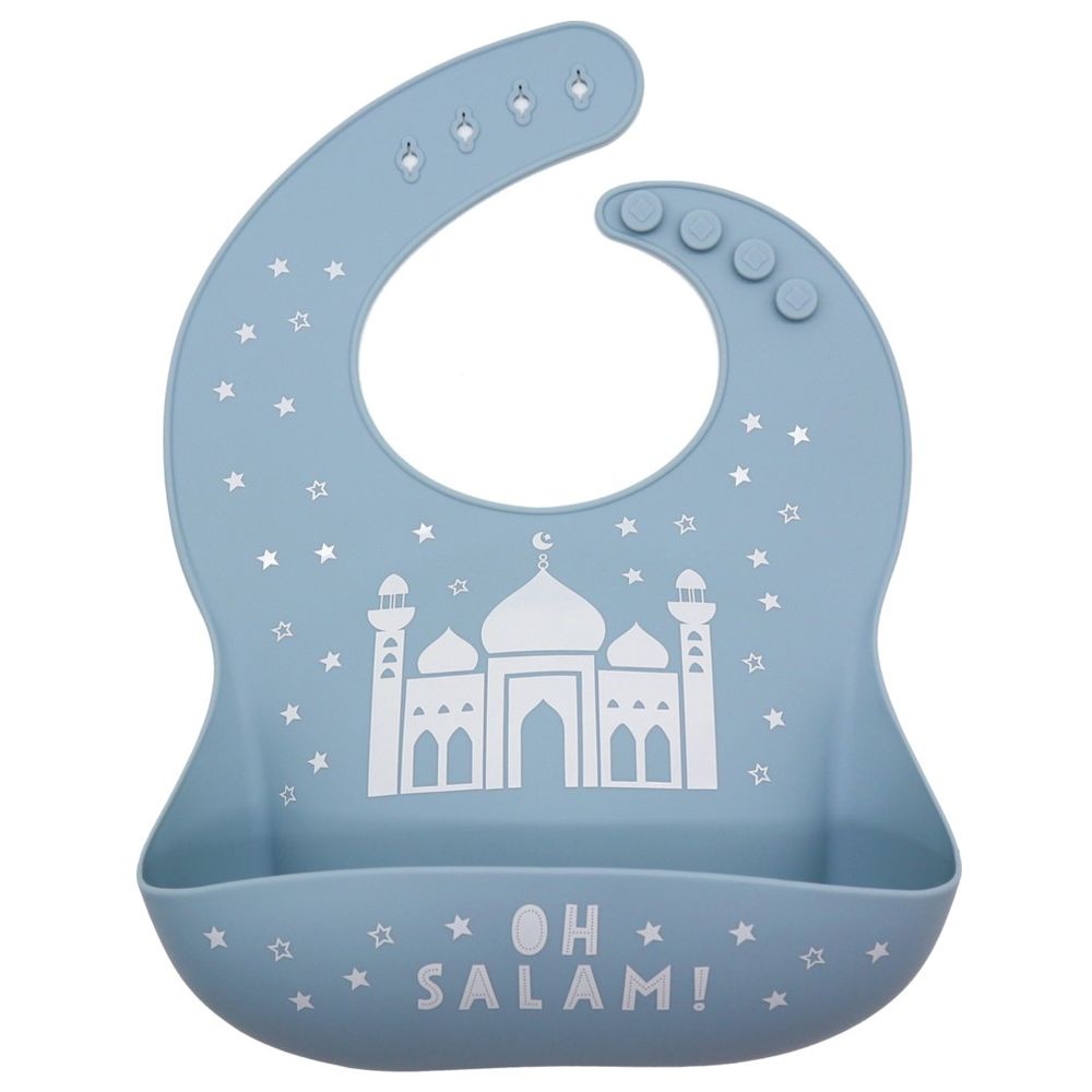 Once Upon a Dua Lux Silicone Baby Bib with Mosque & Stars Design, Dusty Blue