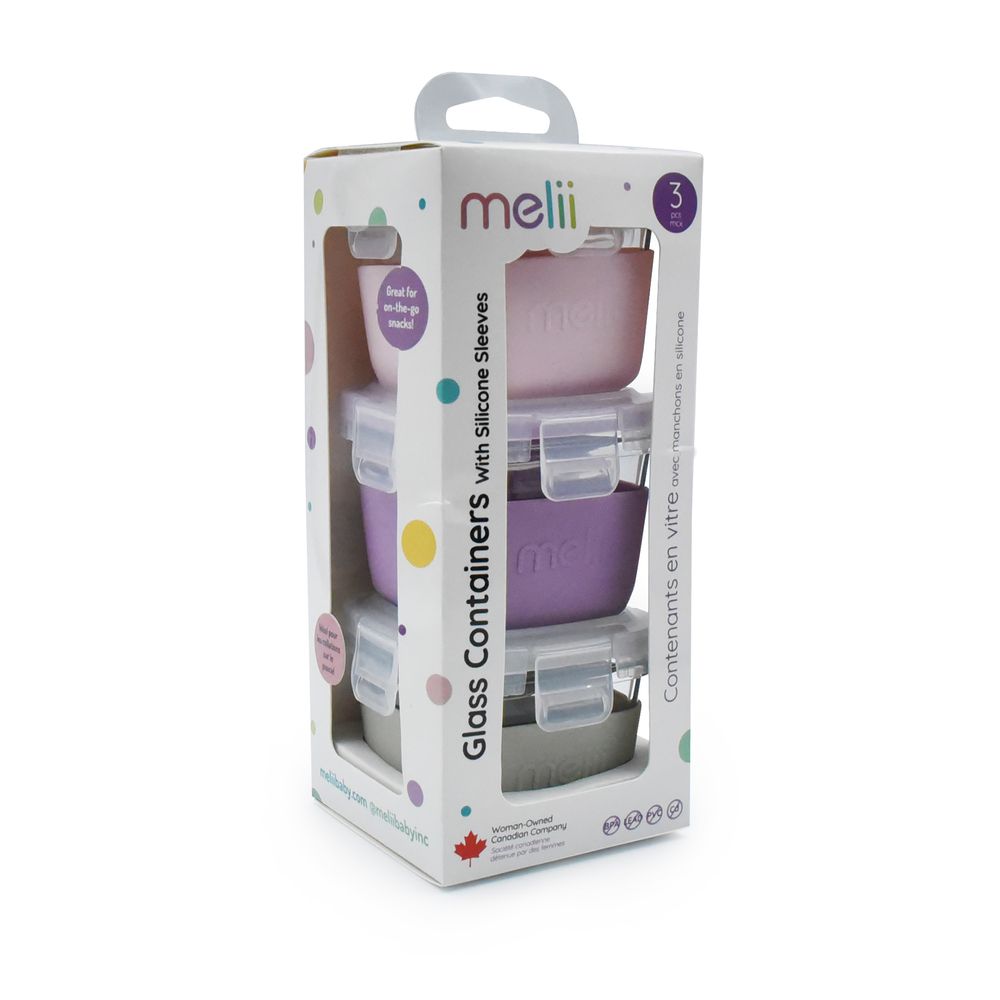 Melii Glass Food Storage Containers With Silicone Sleeve - Pink/Purple/Grey - 3 Pcs - 160 ml