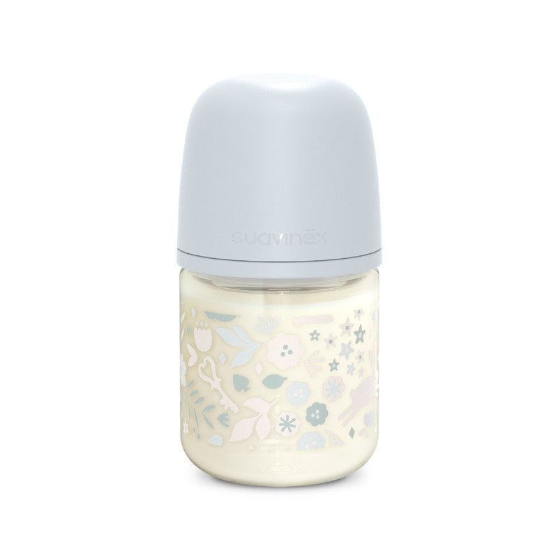Suavinex - Glass Baby Feeding Bottle with Slow-Flow Nipple Teat 0M+ 120ml - Blue