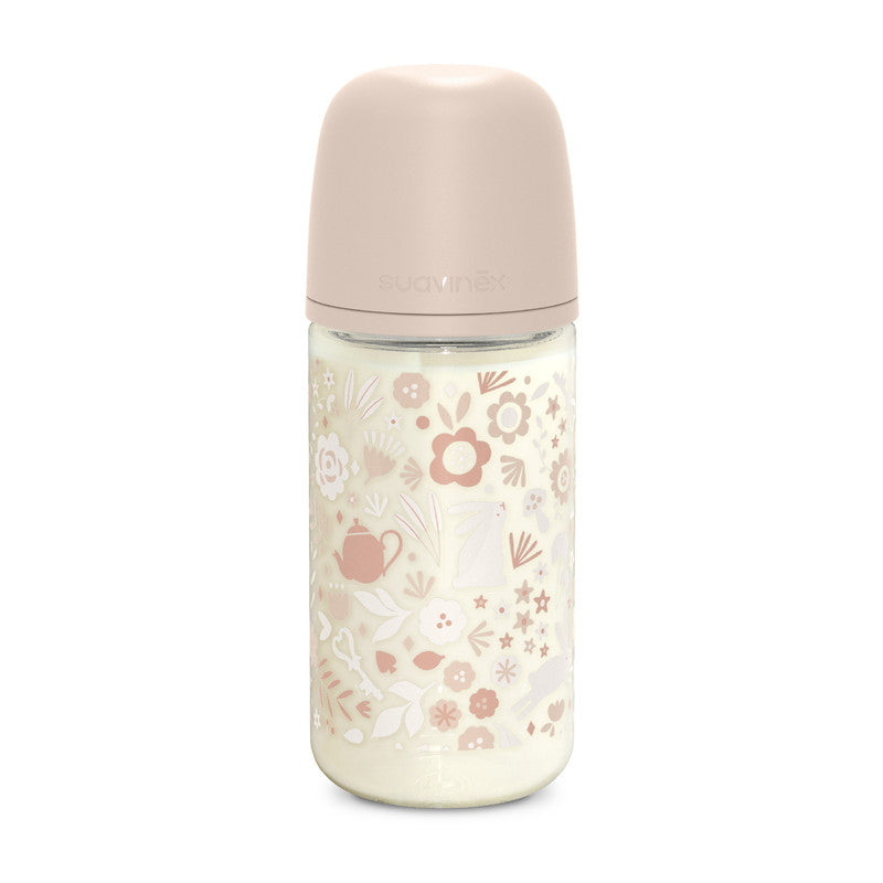 Suavinex Glass Baby Feeding Bottle with Medium Flow Physiological Nipple Teat, Mimics Natural Breastfeeding Experience, +3 Months, 240ml, Pink