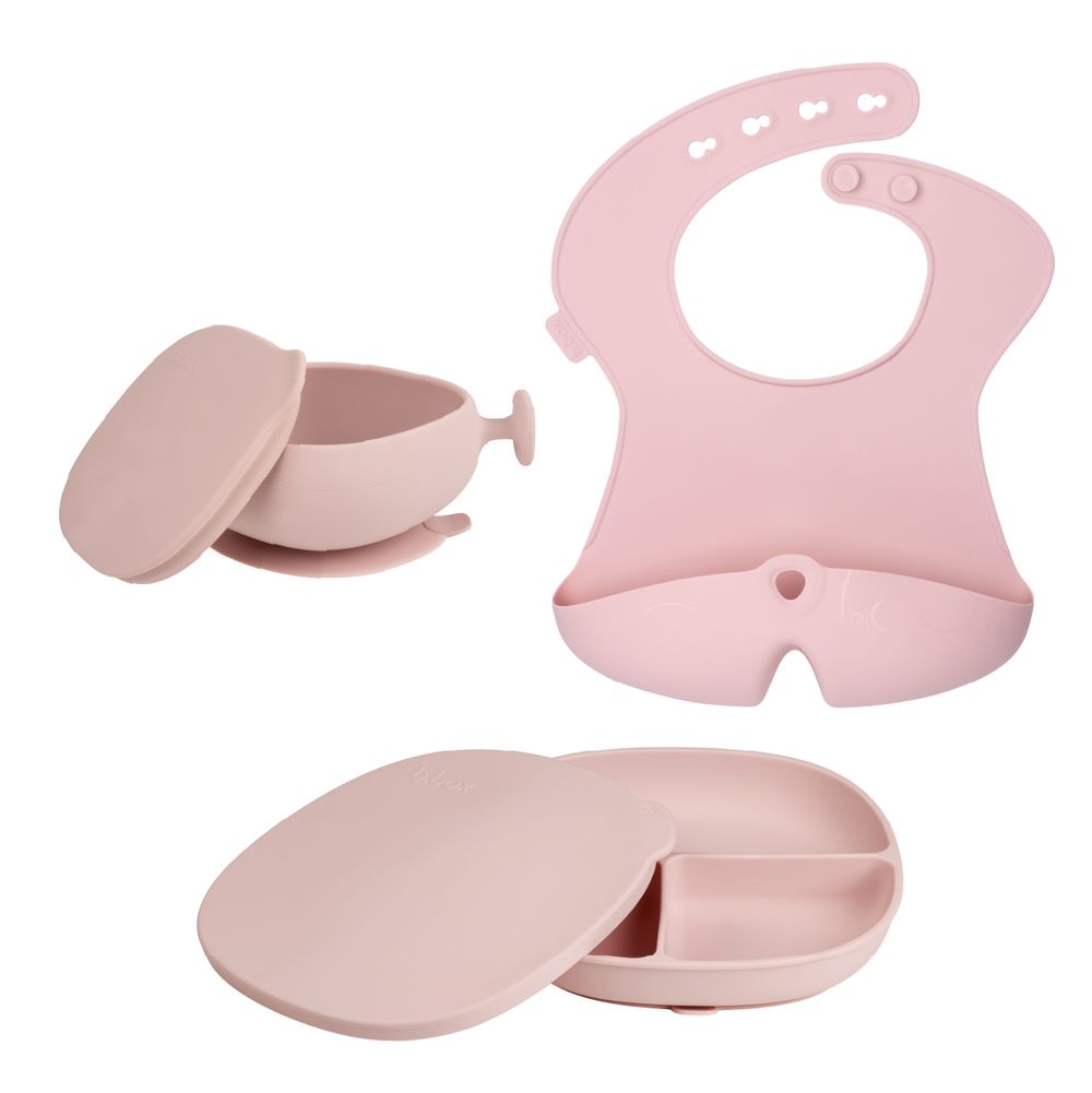 B.box - Baby Silicone Plate, Bowl With Lid & Bib Set - Pink - 3 Pcs