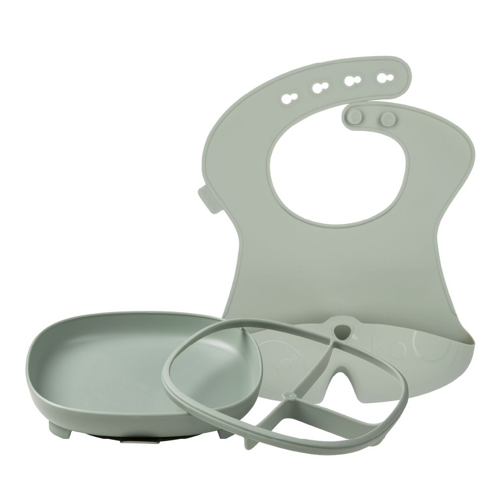 B.box 2-In-1 Baby Feeding Suction Plate With Removable Divider & Bib Set - Grey - 2 Pcs