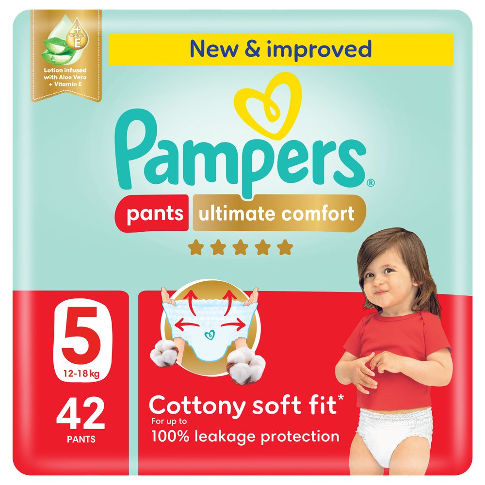 Pampers Ultimate Comfort Diapers Pants With Aloe Vera And Vitamin E - Size 5 - 12-18kg - 42 Pcs