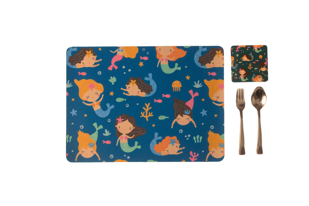 Tiny Tots Mermaid Rubber Placemat, Coaster & Cutlery - 3pc Set