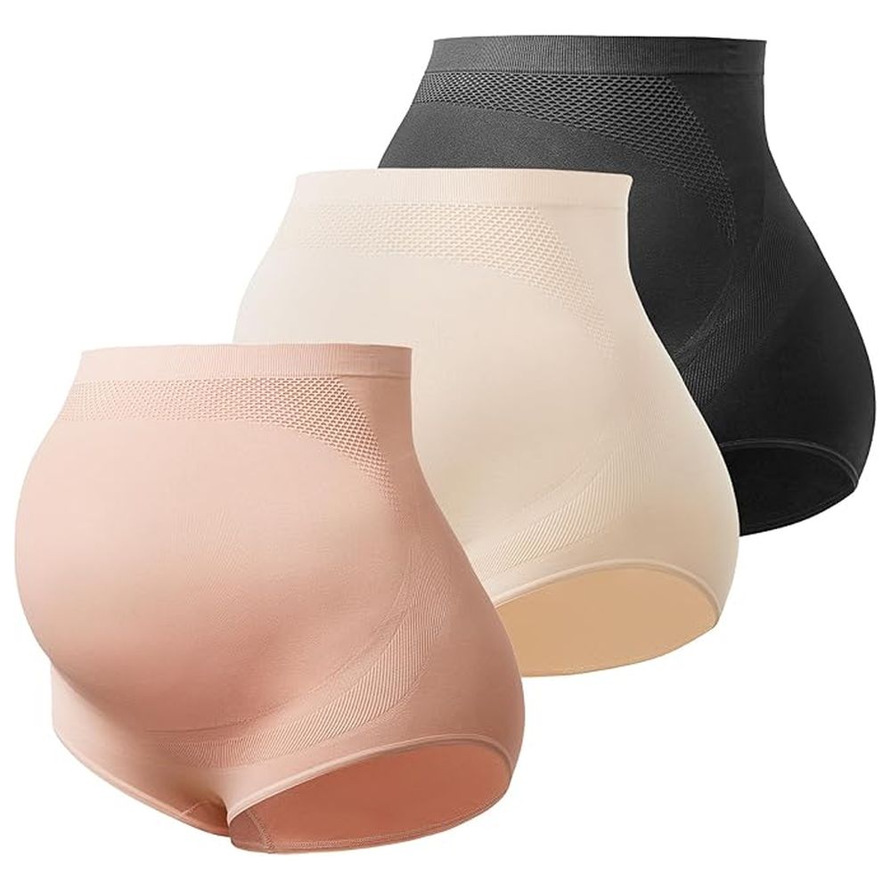 Momcozy - 3Pc-Set - Maternity Seamless Belly Support High Waist Underwear - Almond/Oyster Pink/Black