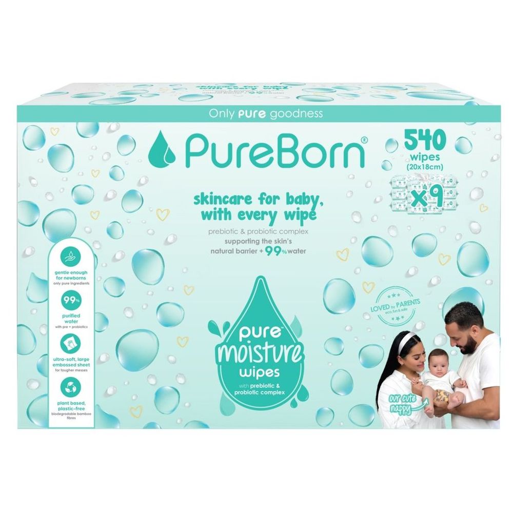Pureborn - Pure Moisture Water Wipes - Pack of 9 - 540 Pcs