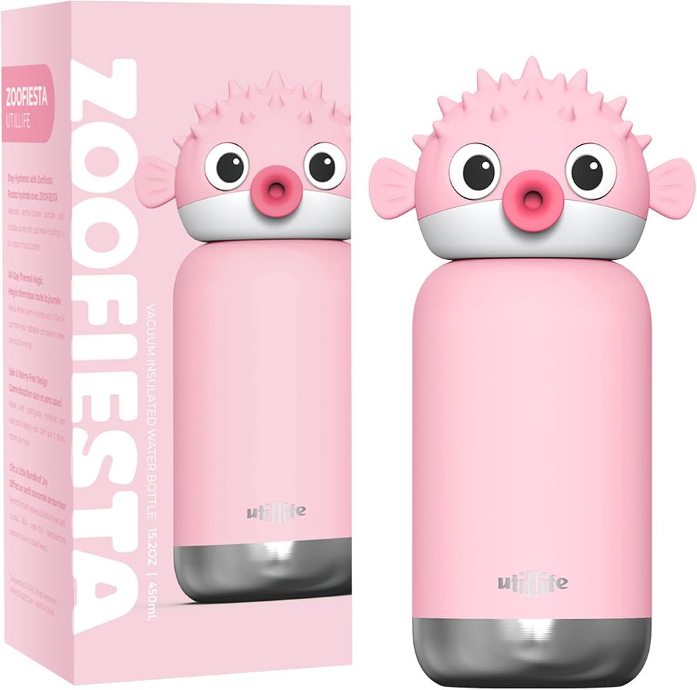 Utillife - Zoofiesta Kids Insulated Water Bottle - Pufferfish - Pink - 450 ml