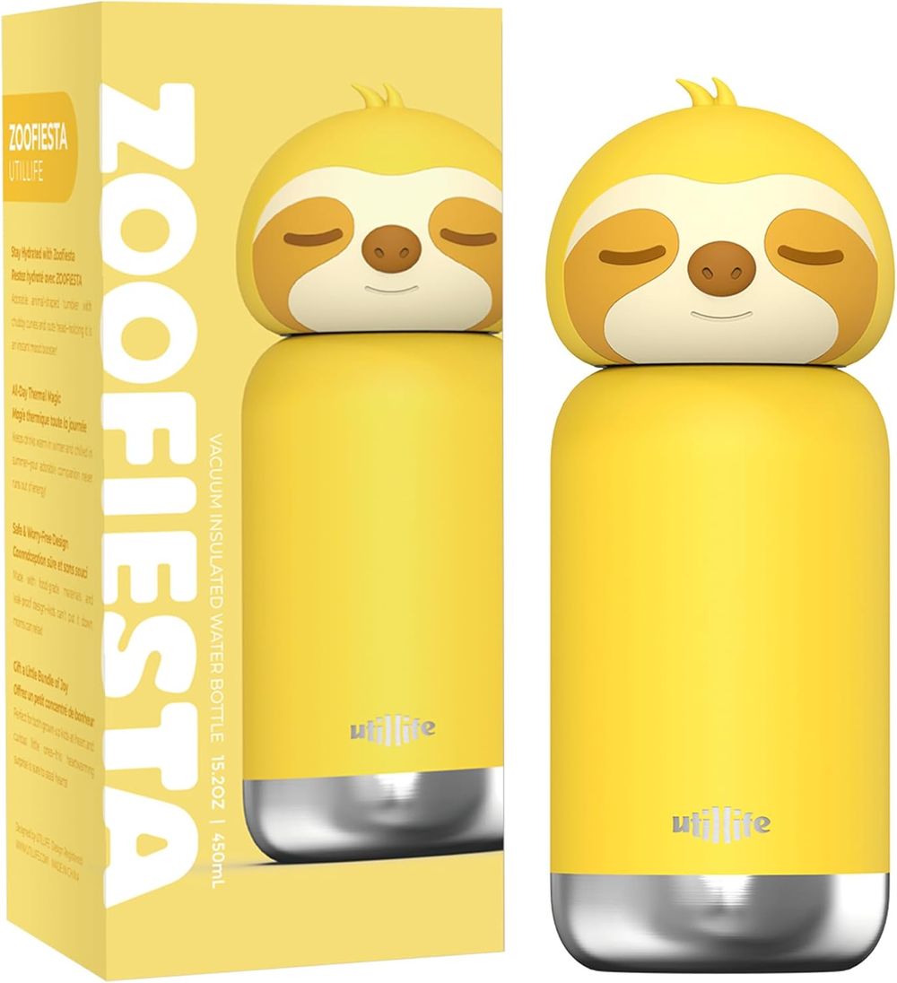 Utillife - Zoofiesta Kids Insulated Water Bottle - Sloth - Yellow - 450 ml