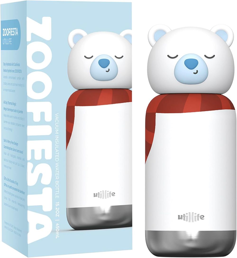 Utillife - Zoofiesta Kids Insulated Water Bottle - Polar Bear - White - 450 ml