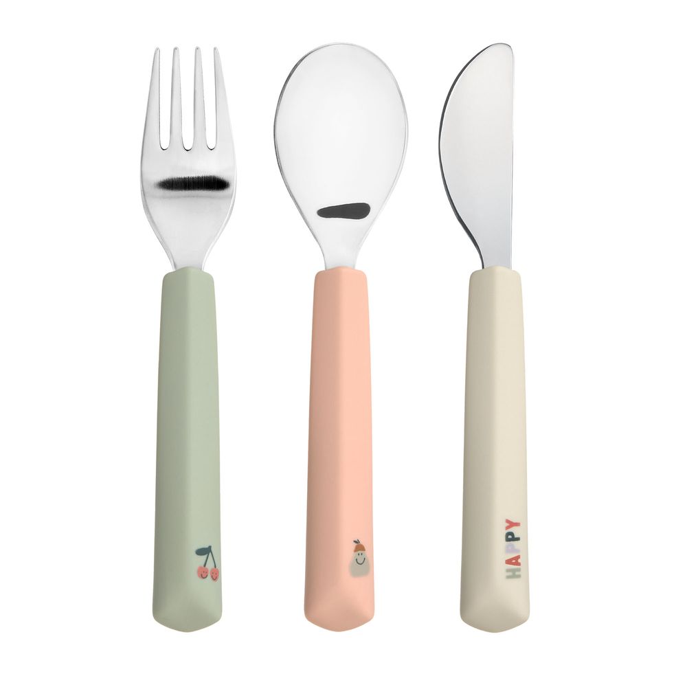 Lassig Happy Fruits Cutlery Set With Silicone Handle - Cherry - 3 Pcs