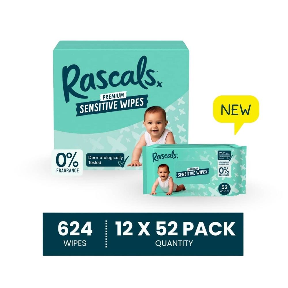 Rascals - Premium Baby Sensitive Wipes - 12 x 52 Ply - Pack Of 12