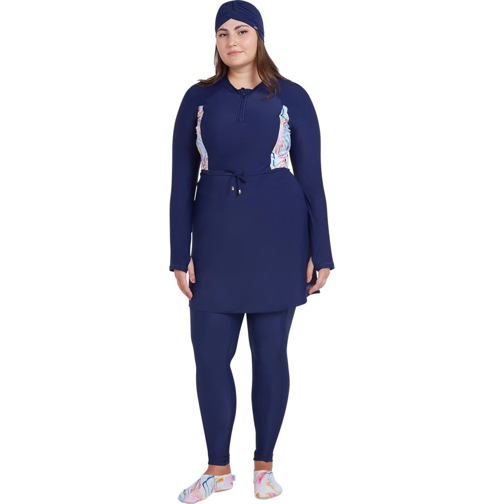 Coega Sunwear - 2pc-Set - Women's Modest Skirted Swimwear - Blue Pink Marble