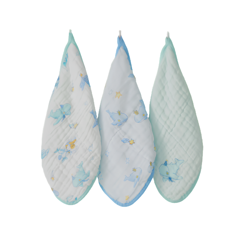 Woobaby - Baby Square Face Towel - Green/Blue - 3 Pcs