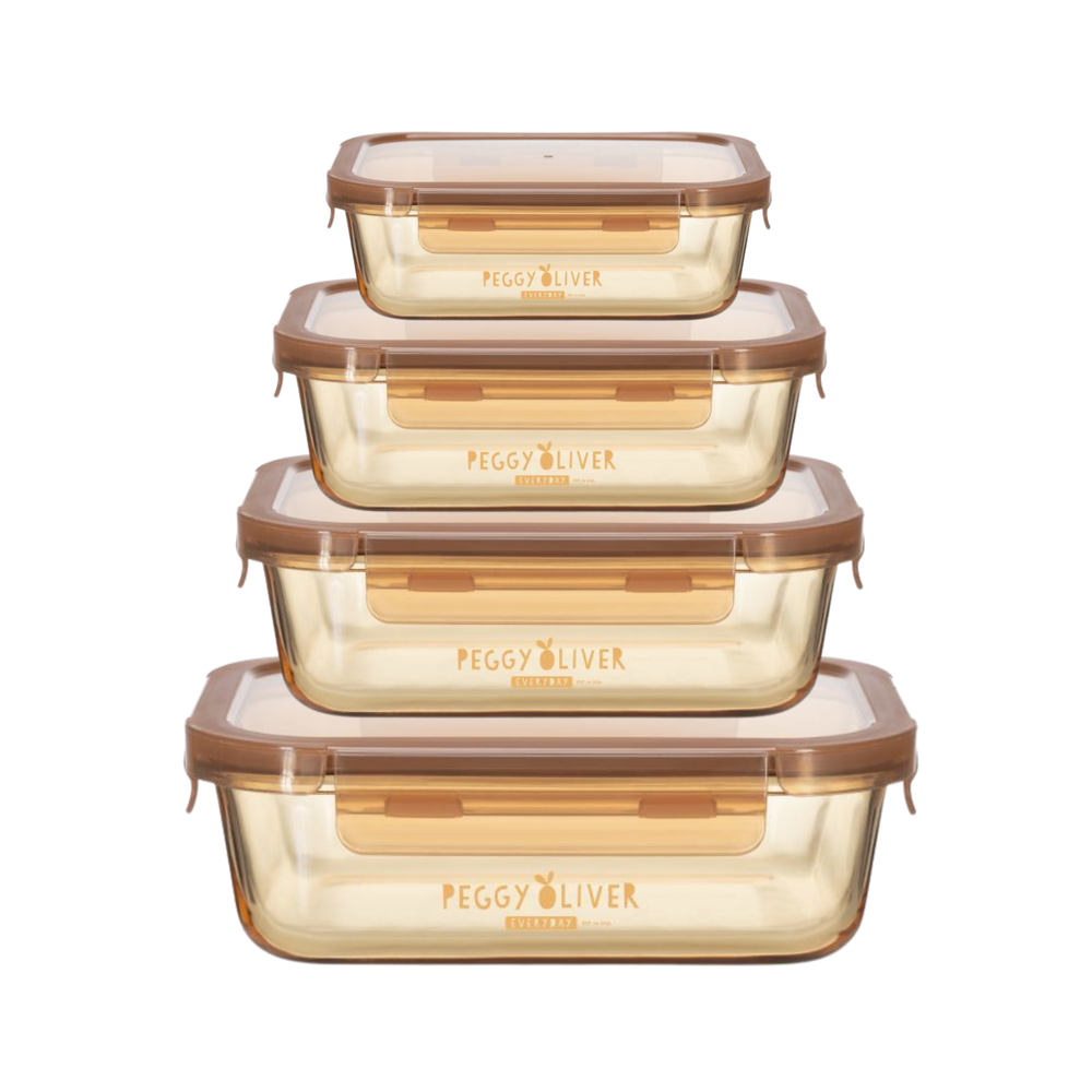 Peggy Oliver - Rectangle Borosilicate Glass Food Containter With PP Lid - Amber - 4 Pc Set