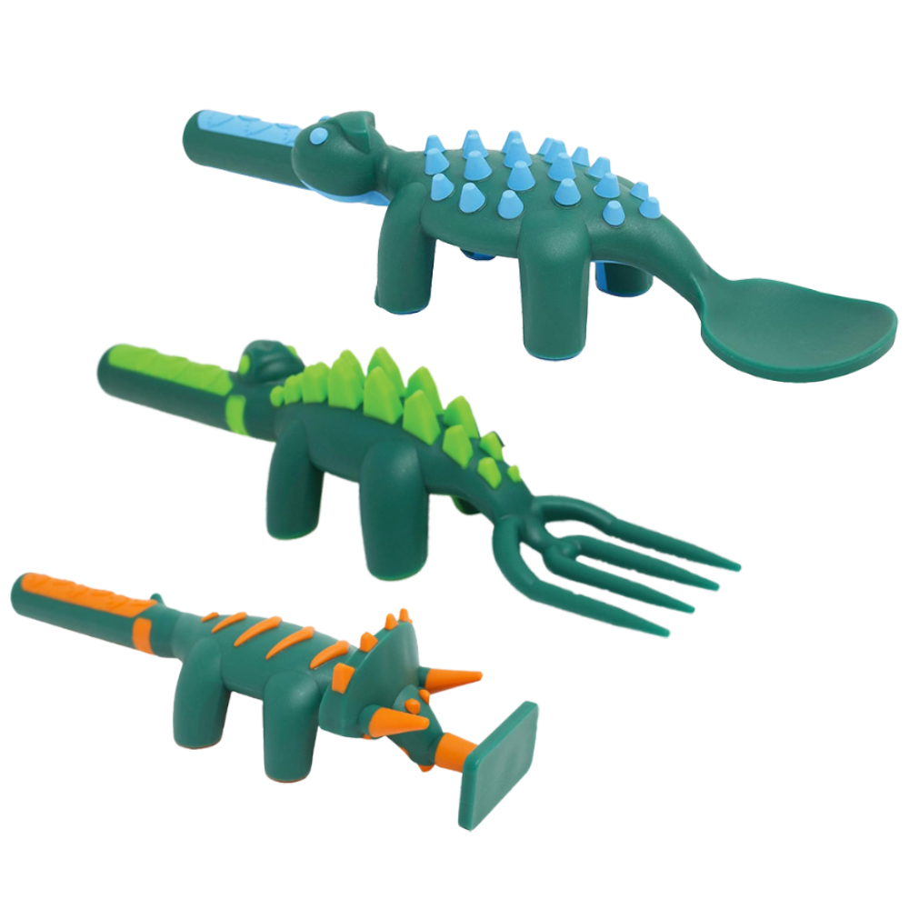 Eazy Kids Spoon, Fork And Pusher Set - Dark Green - Dinosaur