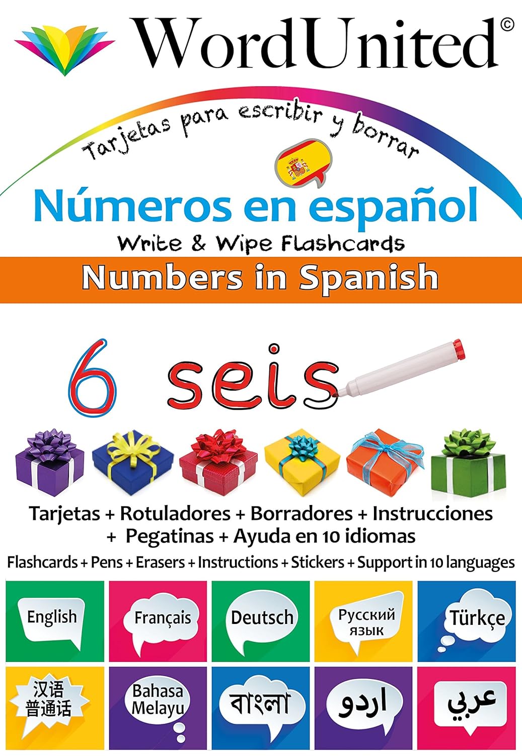 Word united - Numbers In Spanish - Write & Wipe Flash Cards