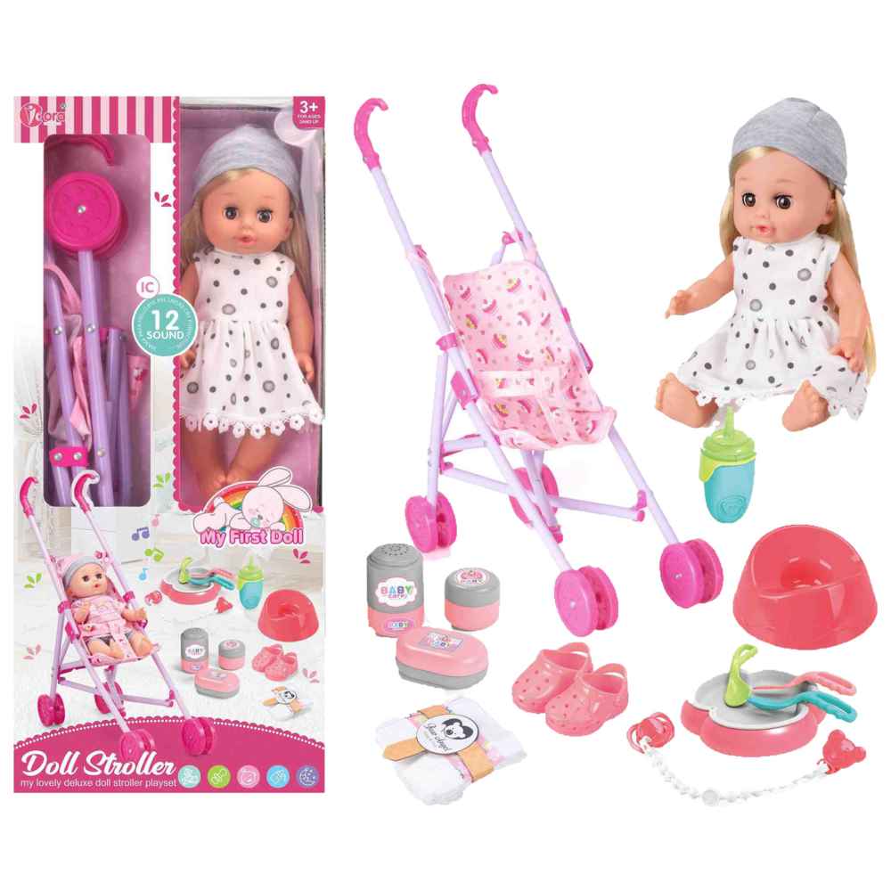 Vdora Dolls - Stroller Baby Doll Playset w/ Accessories - White - 13 Pcs