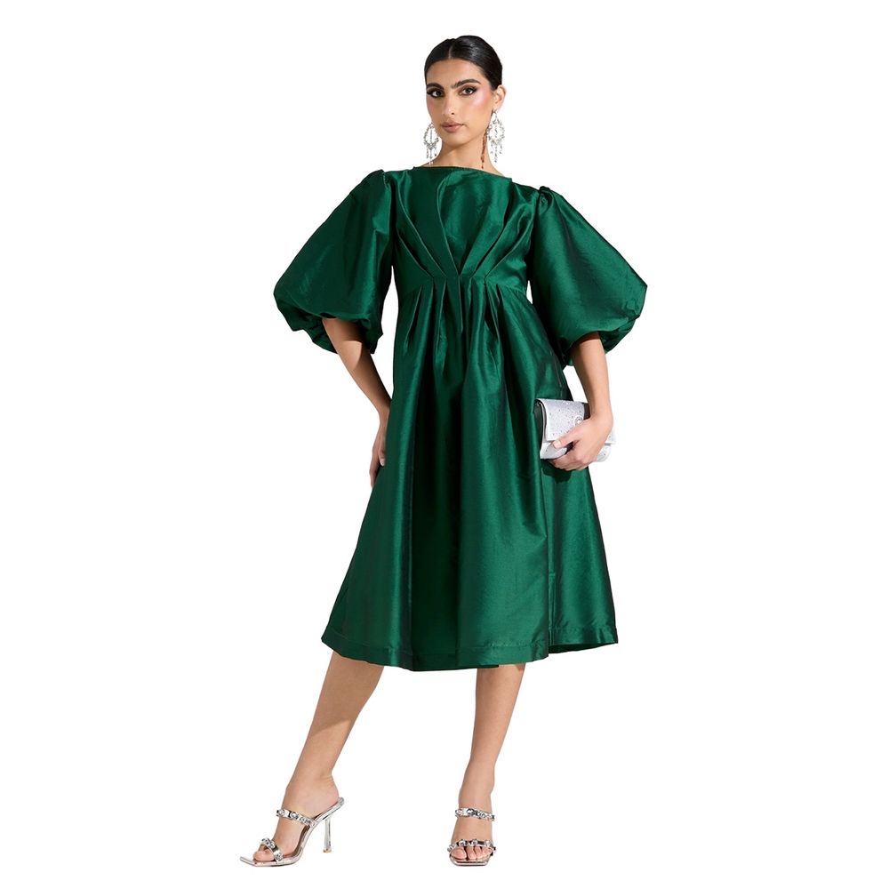 Si Noir - Women' Ruffle Sleeve Taffeta Dress - Dark Green