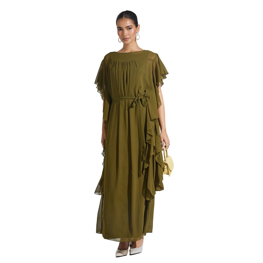 Si Noir - Women' Georgette Side Frill Dress - Olive
