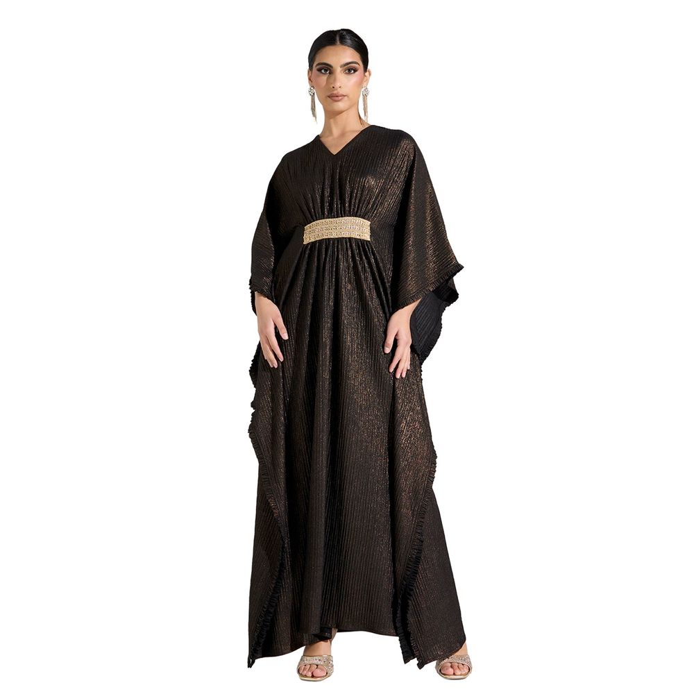 Si Noir - Women' Satin Ruched Waist Kaftan Dress - Black