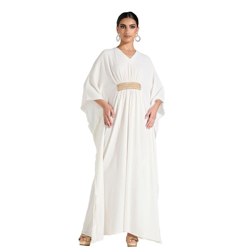 Si Noir - Women' Satin Ruched Waist Kaftan Dress - White