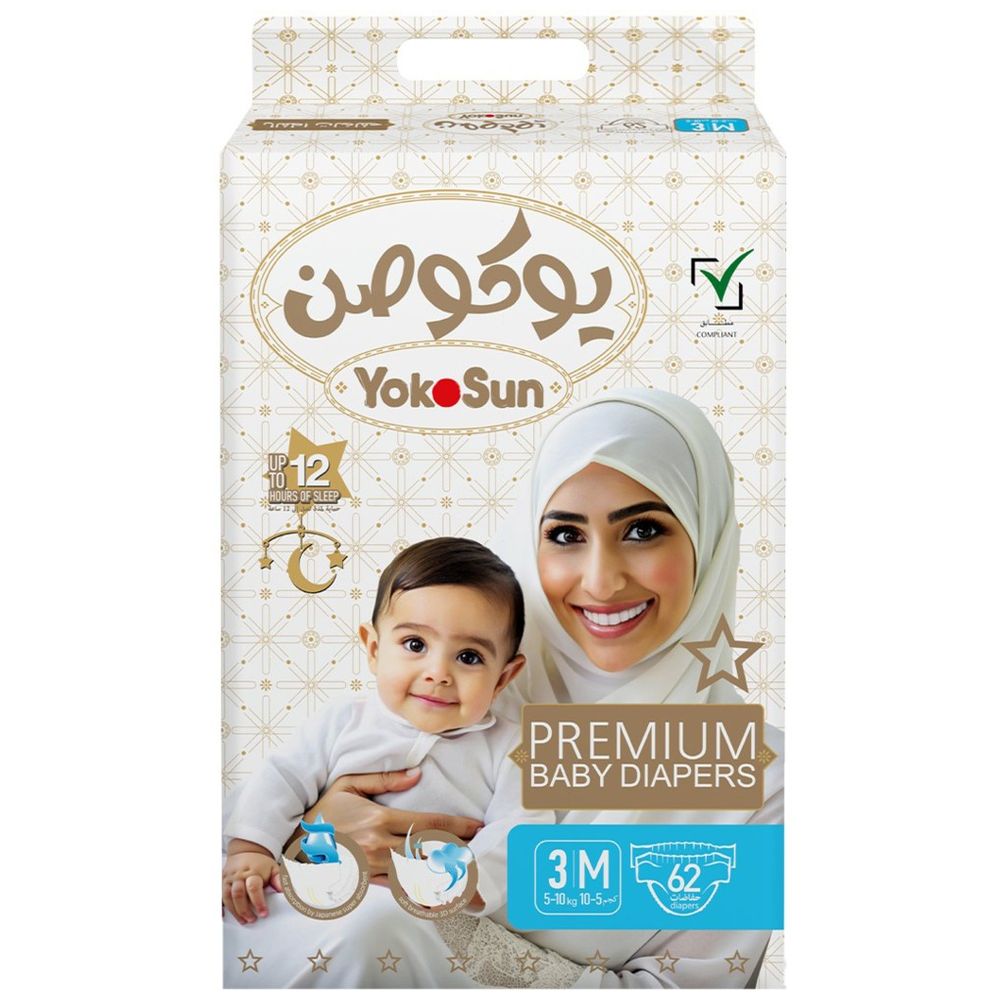 Yokosun - Premium Baby Diapers - Size 3 Medium - 5-10 kg - 62 Pcs