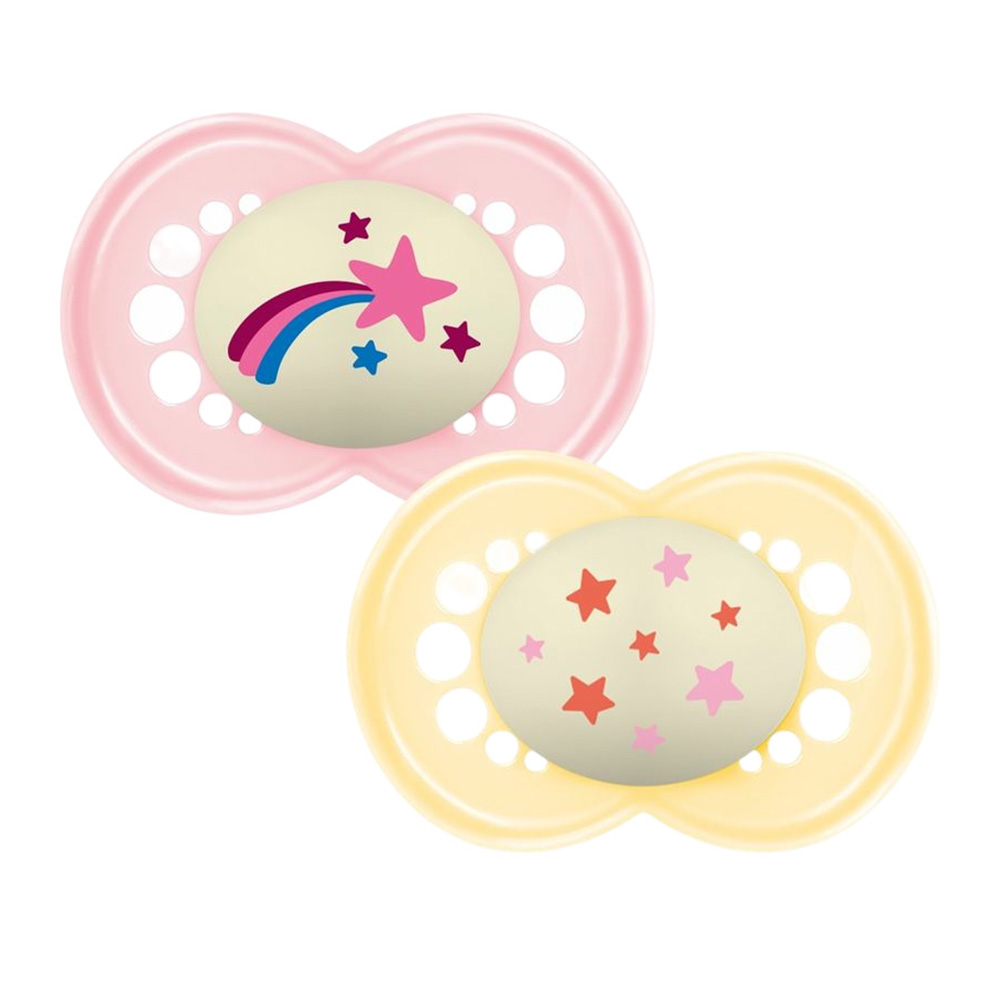 Mam - Baby Original Night Silicone Pacifier - 16 M+ - Glow In The Dark Pink & Yellow - Pack Of 2
