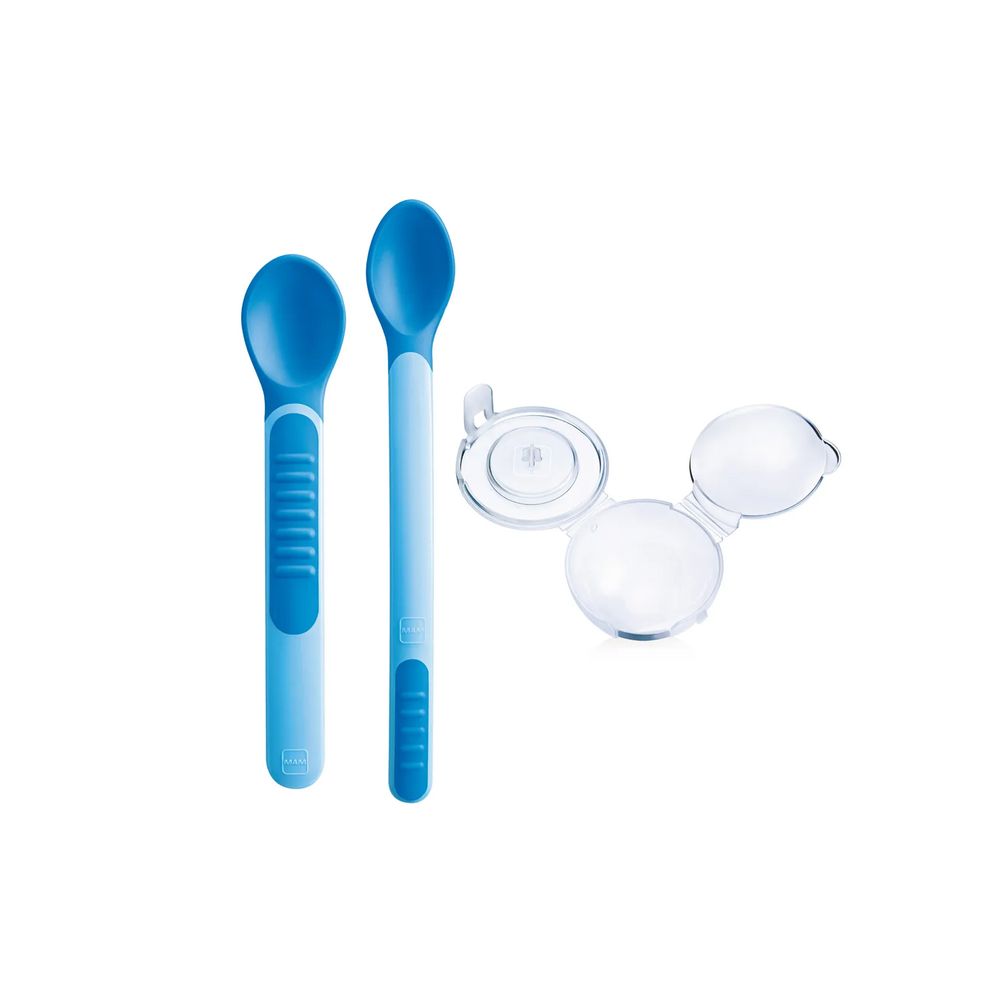 Mam - Baby Heat Sensitive Spoons And Cover - Blue - 3 Pc Set