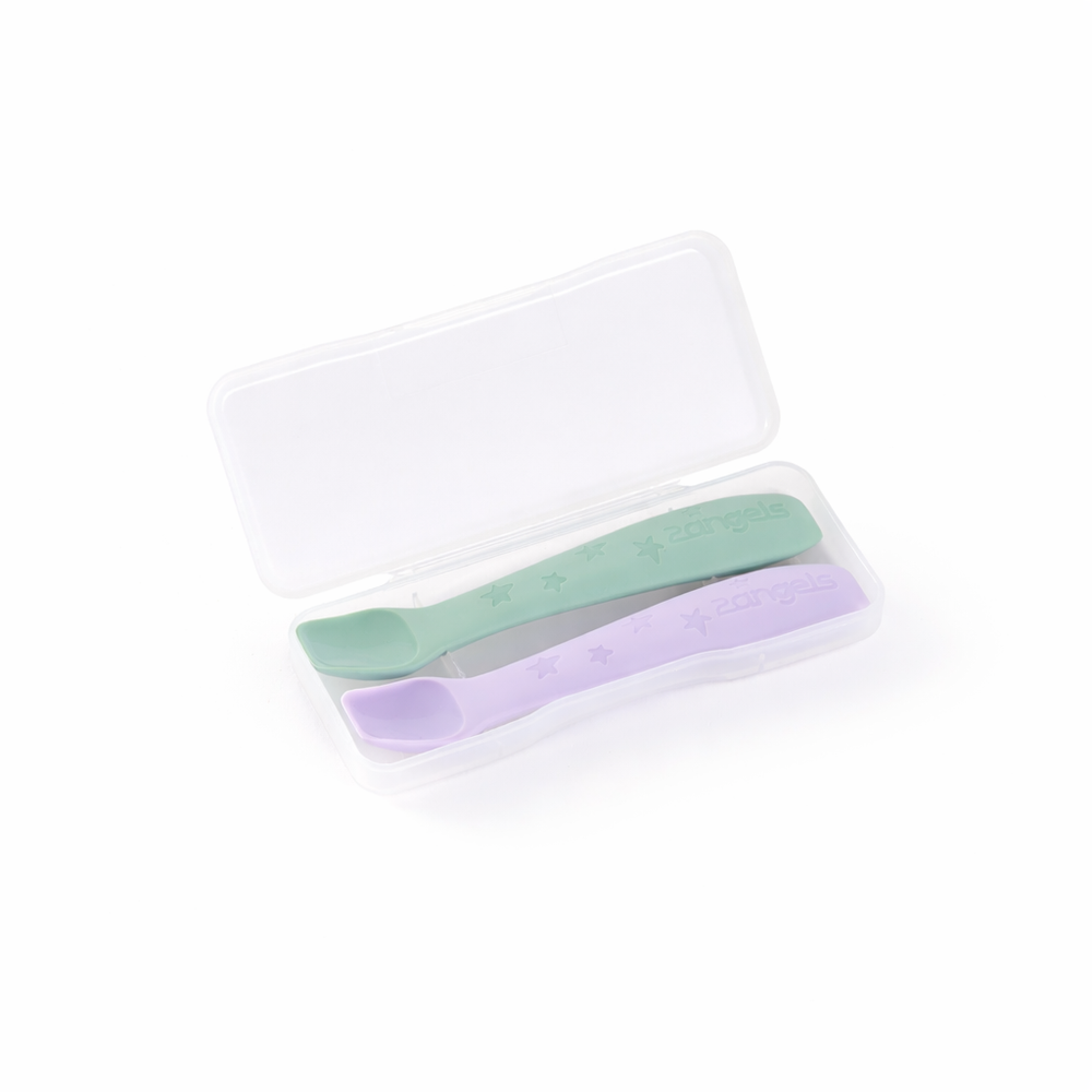 2angels - Baby Soft Silicone Spoons With Travel Case - Starry Summer Leaf/Purple - 2 Pcs