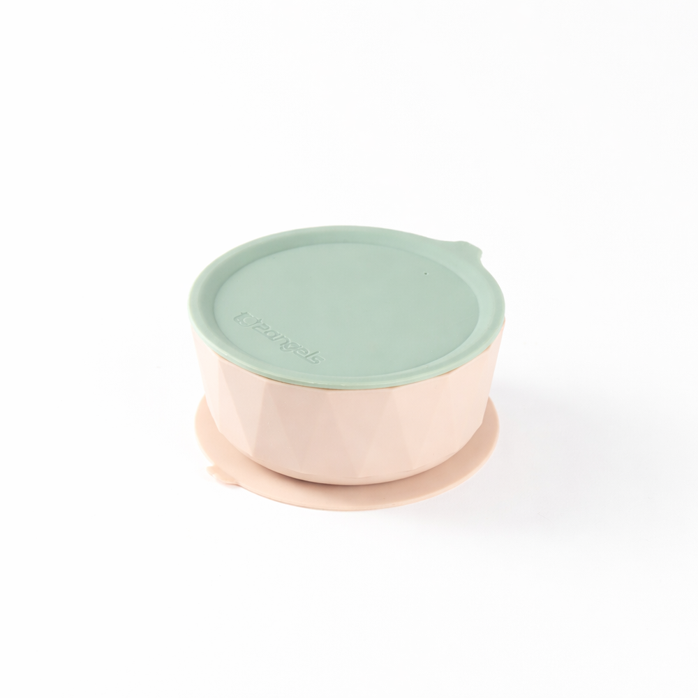2angels - Diamond Suction Baby Silicone Bowl with Lid 350ml - Summer Leaf/Latte