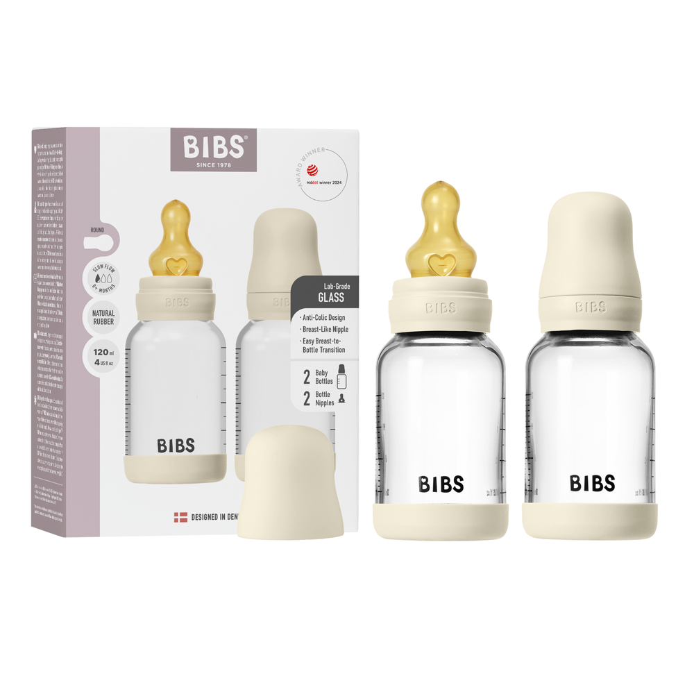 BIBS - Slow Flow Round Latex Glass Baby Bottle - Pack of 2 - 120 ml