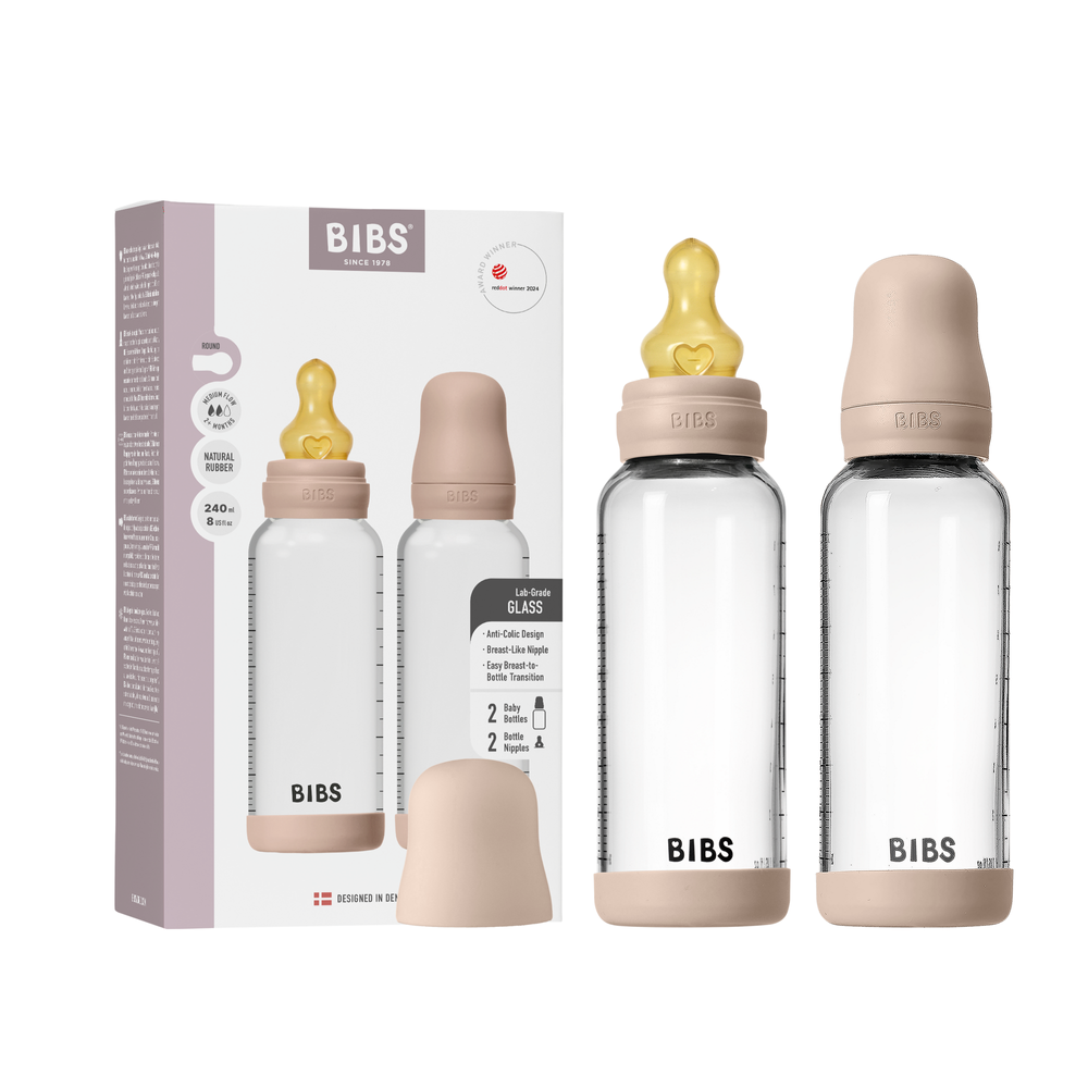 BIBS - Medium Flow Round Latex Glass Baby Bottle - Pack of 2 - 240 ml