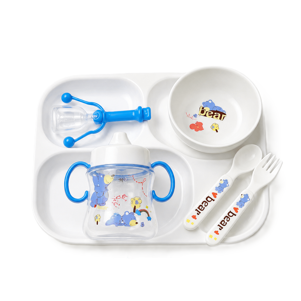Al Arqam - Toddler Tableware Self Feeding Set - Blue/White - 6 Pc Set