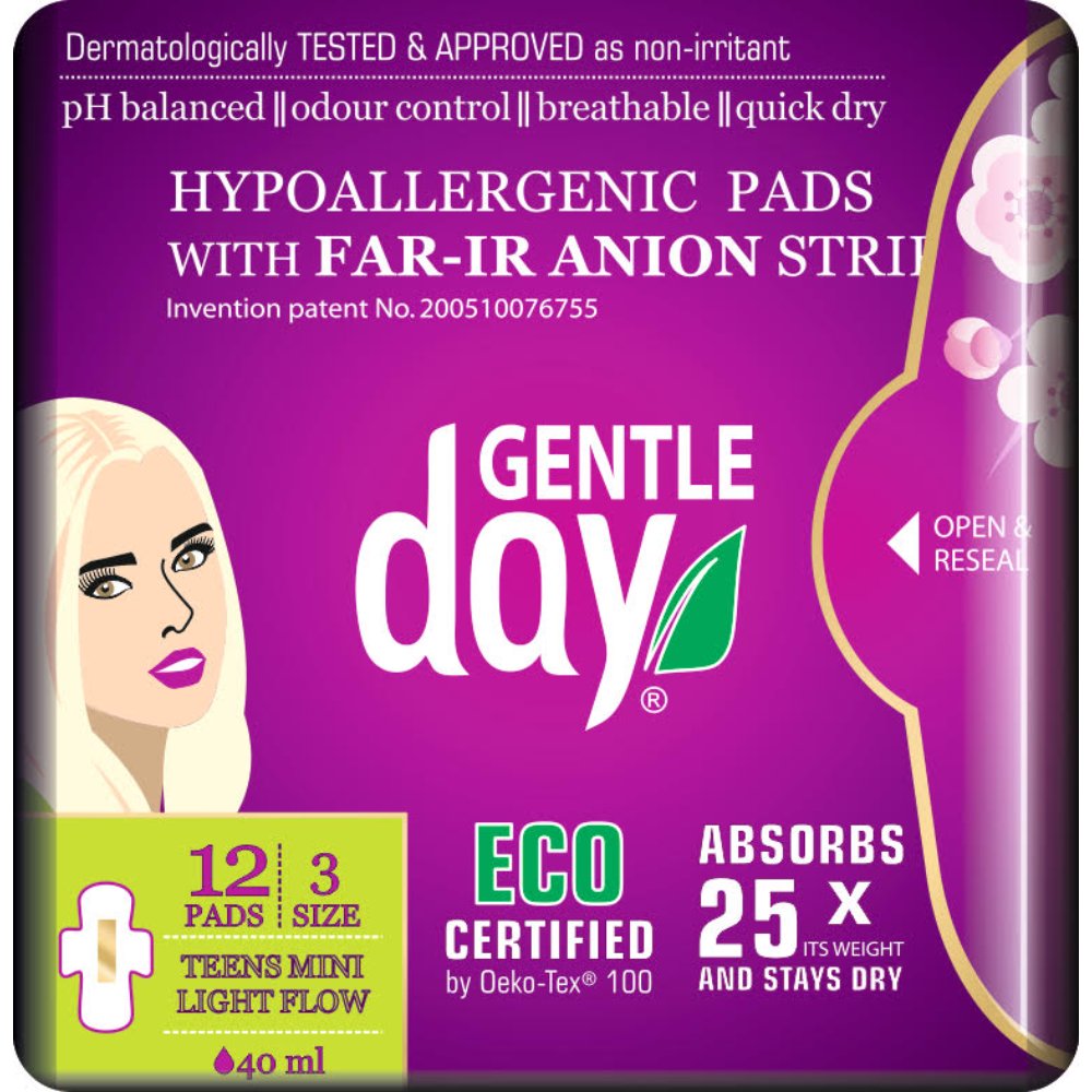 Gentle Day - Girls 100% Organic Sanitary Mini Pads - Size 3 - Light Flow - 12 Pcs