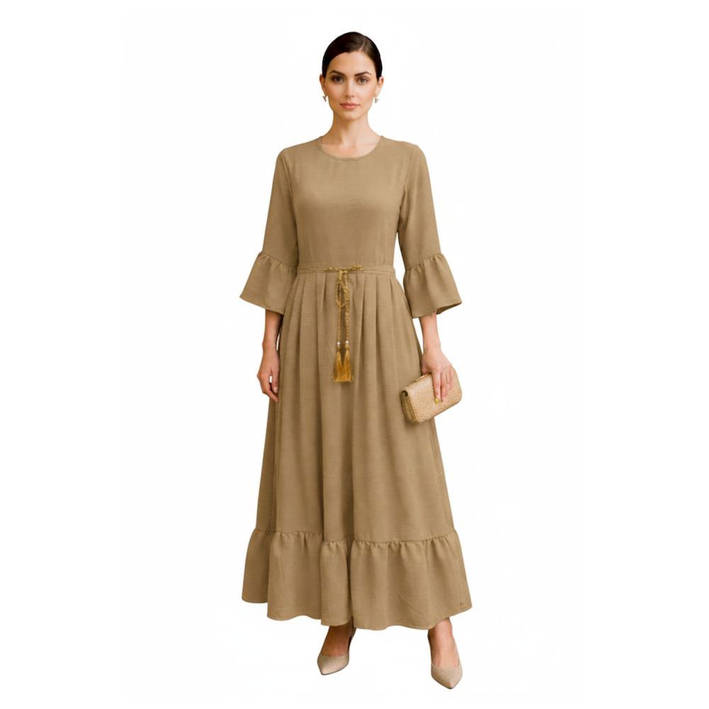 Veronica - Women's Elegant Round Neck Cey Long Dress With Golden Dory - Beige