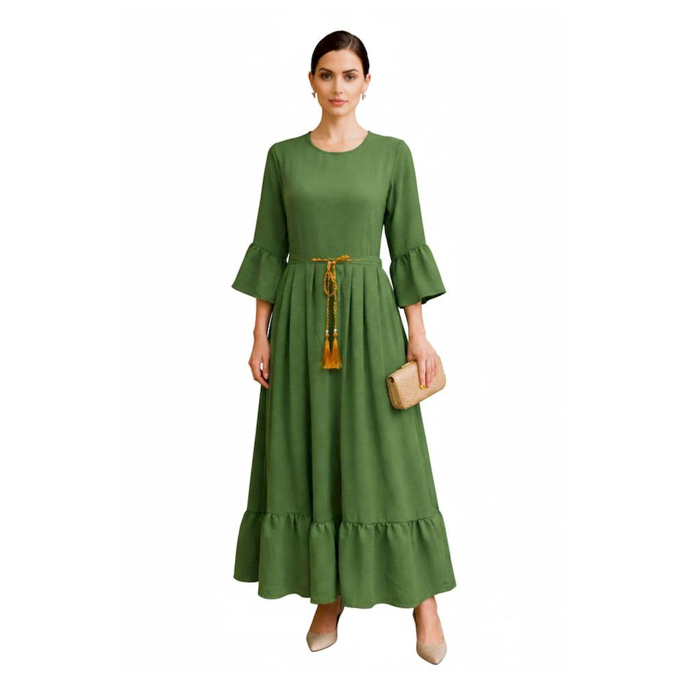 Veronica - Women's Elegant Round Neck Cey Long Dress With Golden Dory - Green