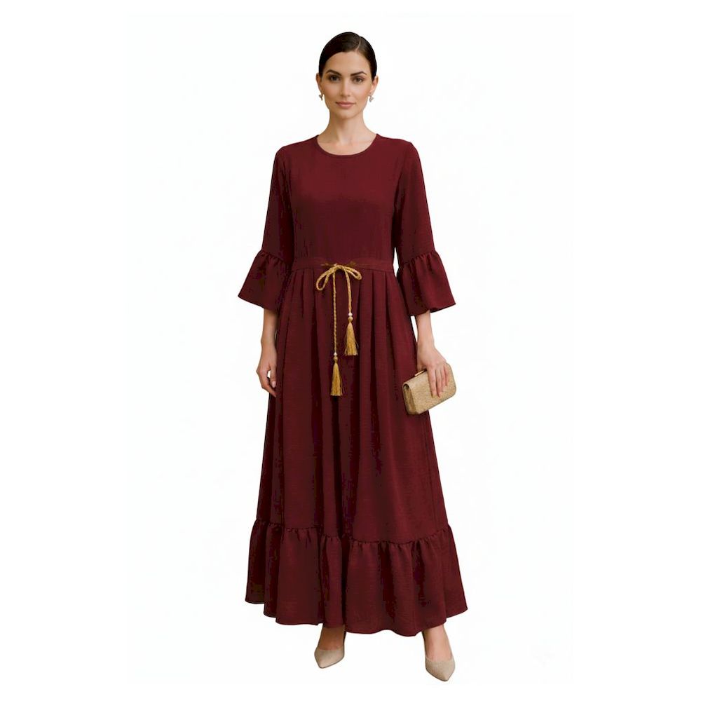 Veronica - Women's Elegant Round Neck Cey Long Dress With Golden Dory - Maroon
