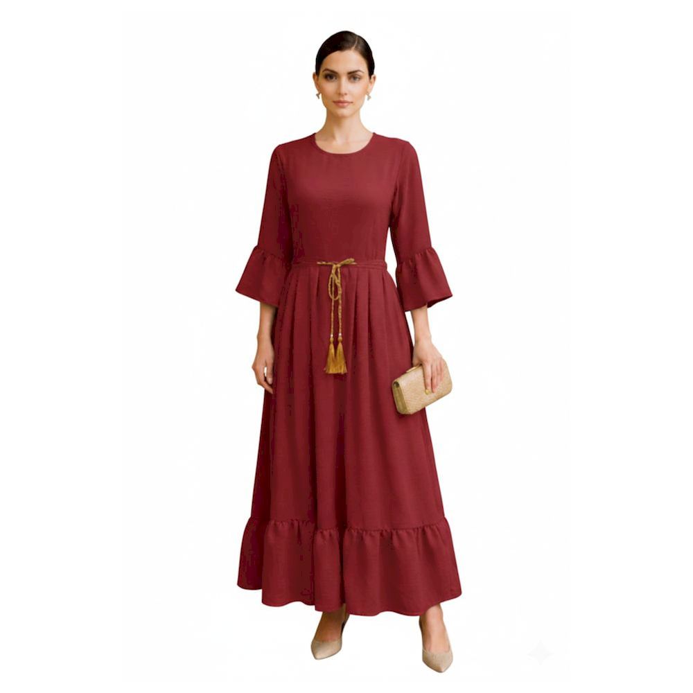 Veronica - Women's Elegant Round Neck Cey Long Dress With Golden Dory - Red