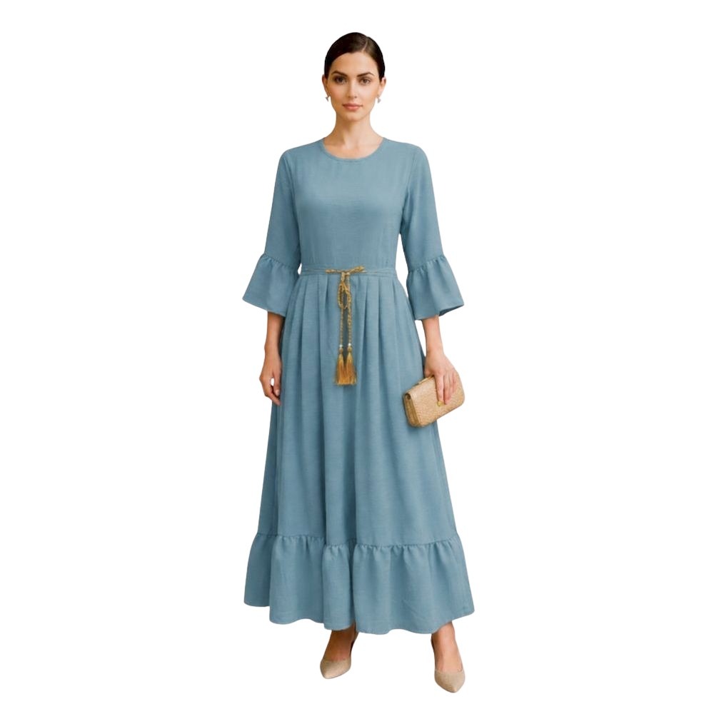 Veronica - Women's Elegant Round Neck Cey Long Dress With Golden Dory - Sky Blue
