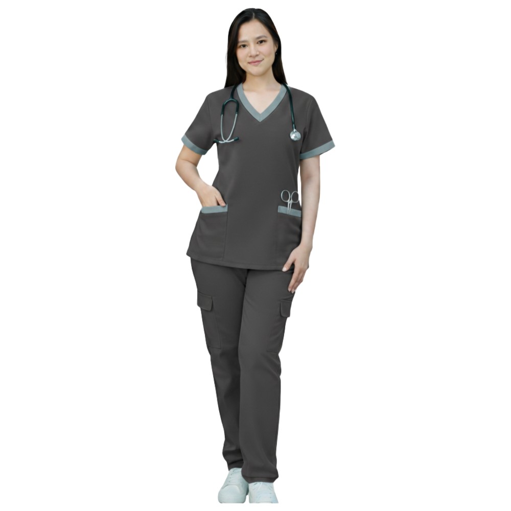 Veronica - 2pc-Set - Women's Poly Viscose Scrub Uniform With Contrast Patch - Dark Grey