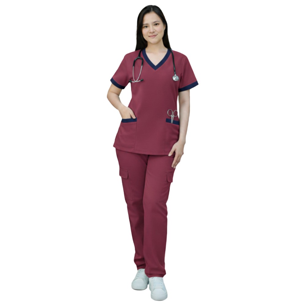 Veronica - 2pc-Set - Women's Poly Viscose Scrub Uniform With Contrast Patch - Maroon