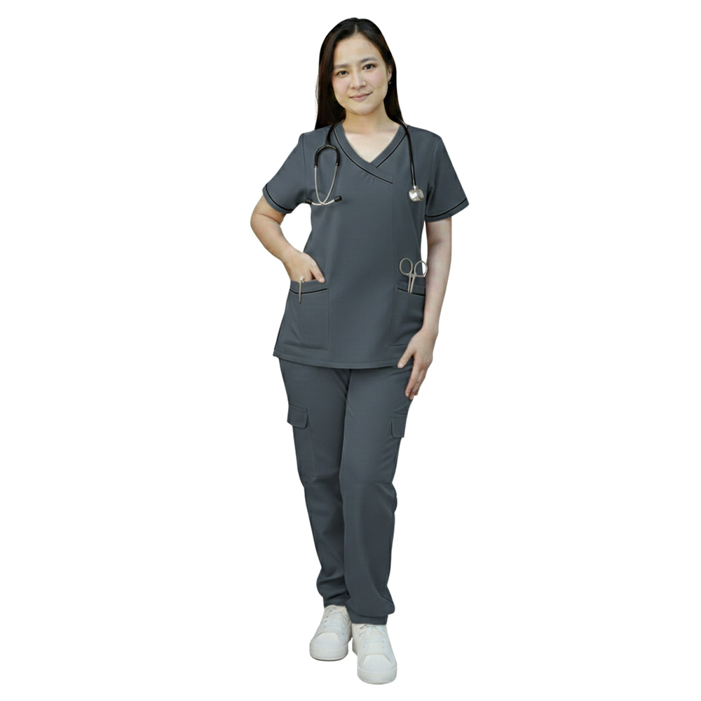 Veronica - 2pc-Set - Women's Scrub Uniform With Neck Piping - Dark Grey