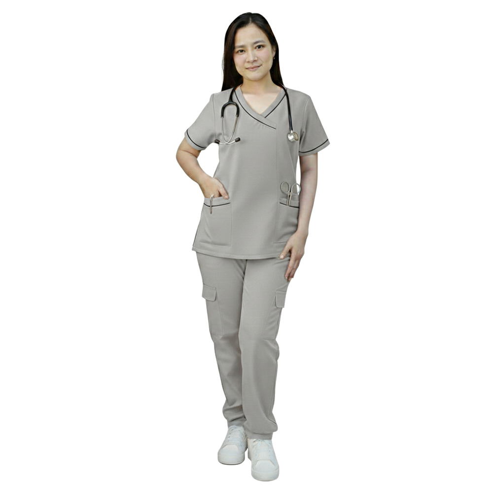 Veronica - 2pc-Set - Women's Scrub Uniform With Neck Piping - Grey