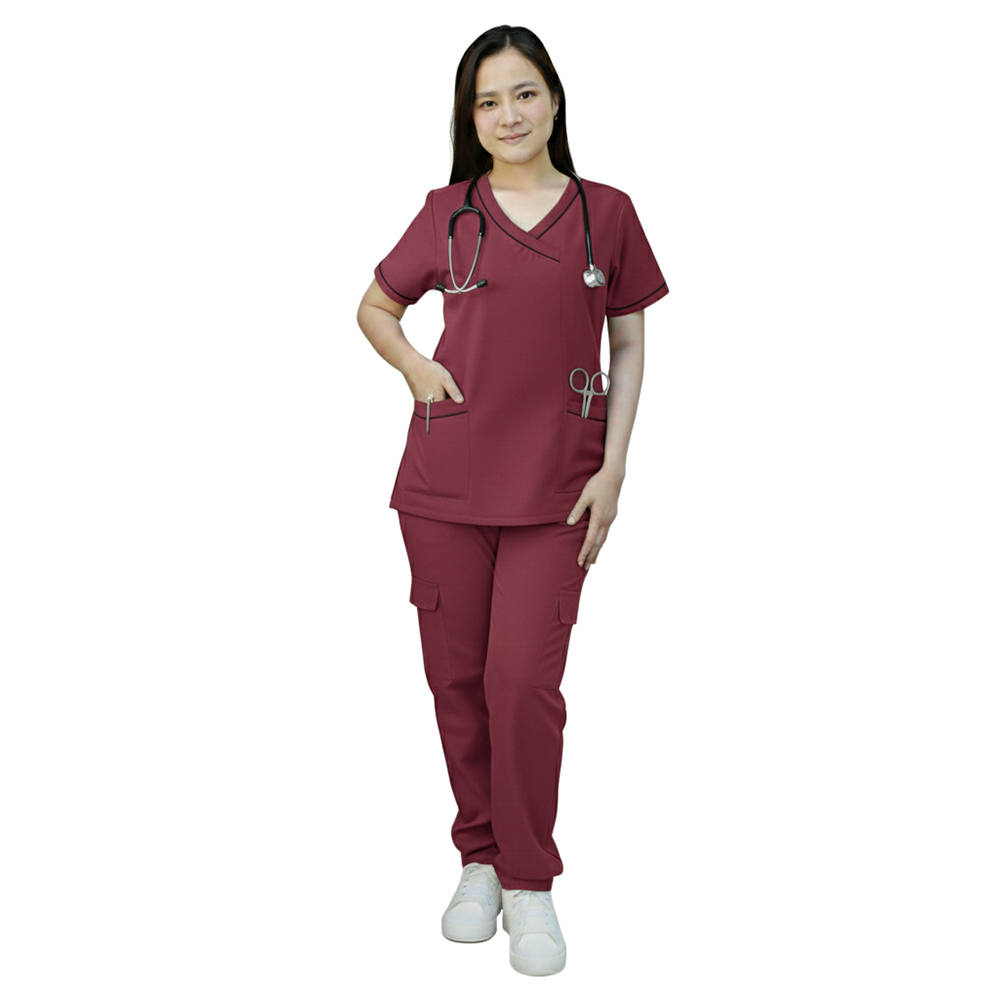 Veronica - 2pc-Set - Women's Scrub Uniform With Neck Piping - Maroon