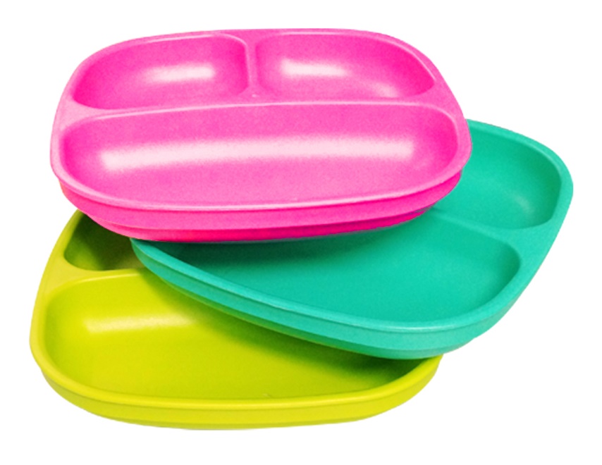 Re-Play 3 Pack Divided Plates - Bright Pink, Aqua & Green