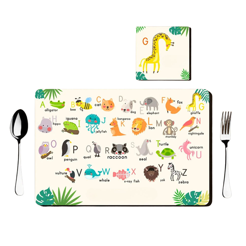 Tiny Tots Alphabet Theme Rubber Placemat With MDF Coaster & Cutlery