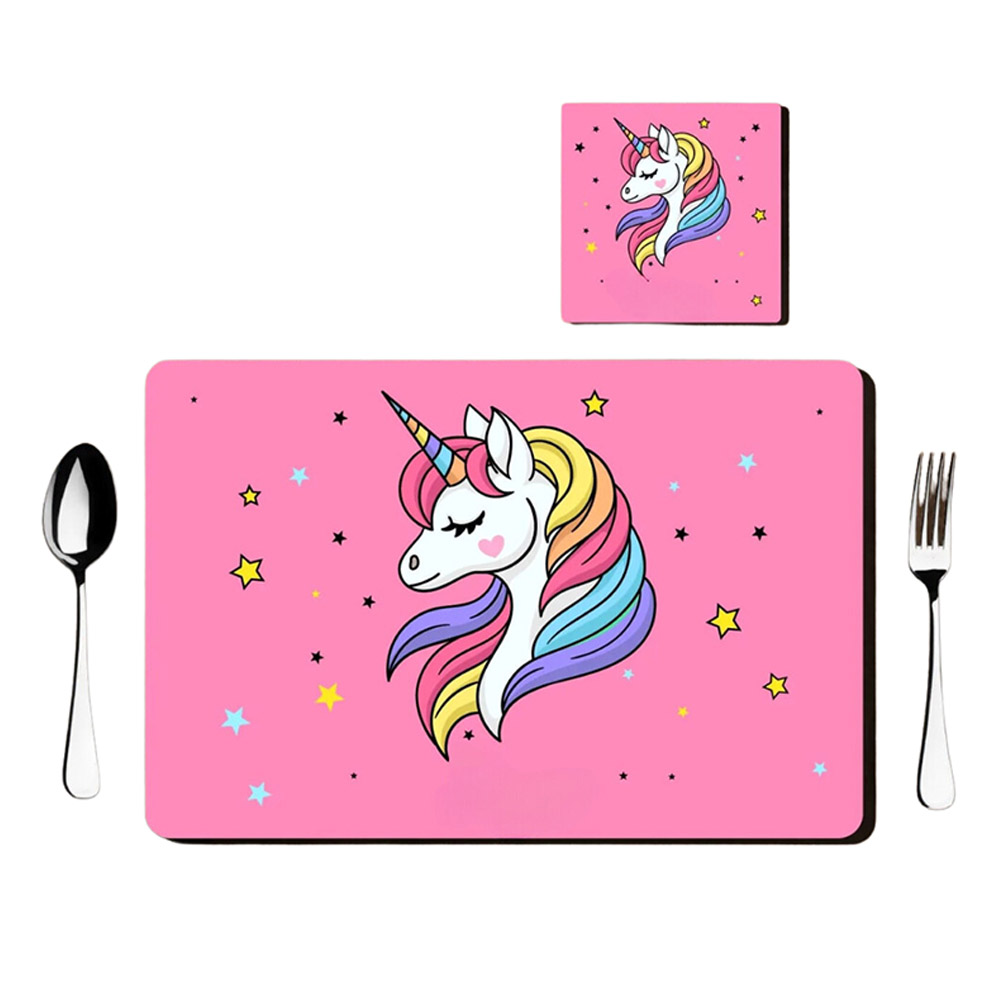 Tiny Tots Unicorn Theme Rubber Placemat With MDF Coaster & Cutlery