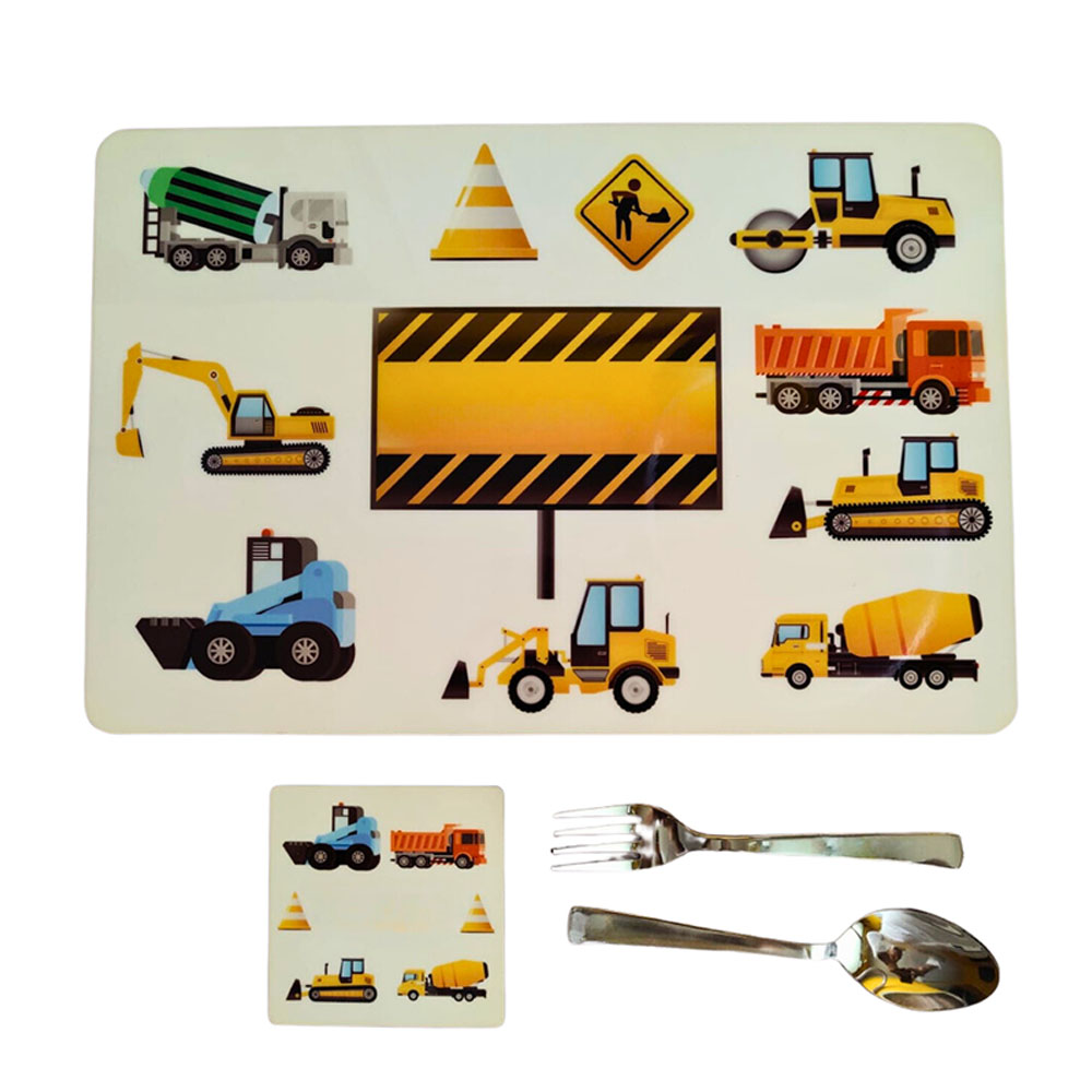Tiny Tots Construction Theme Rubber Placemat With MDF Coaster & Cutlery