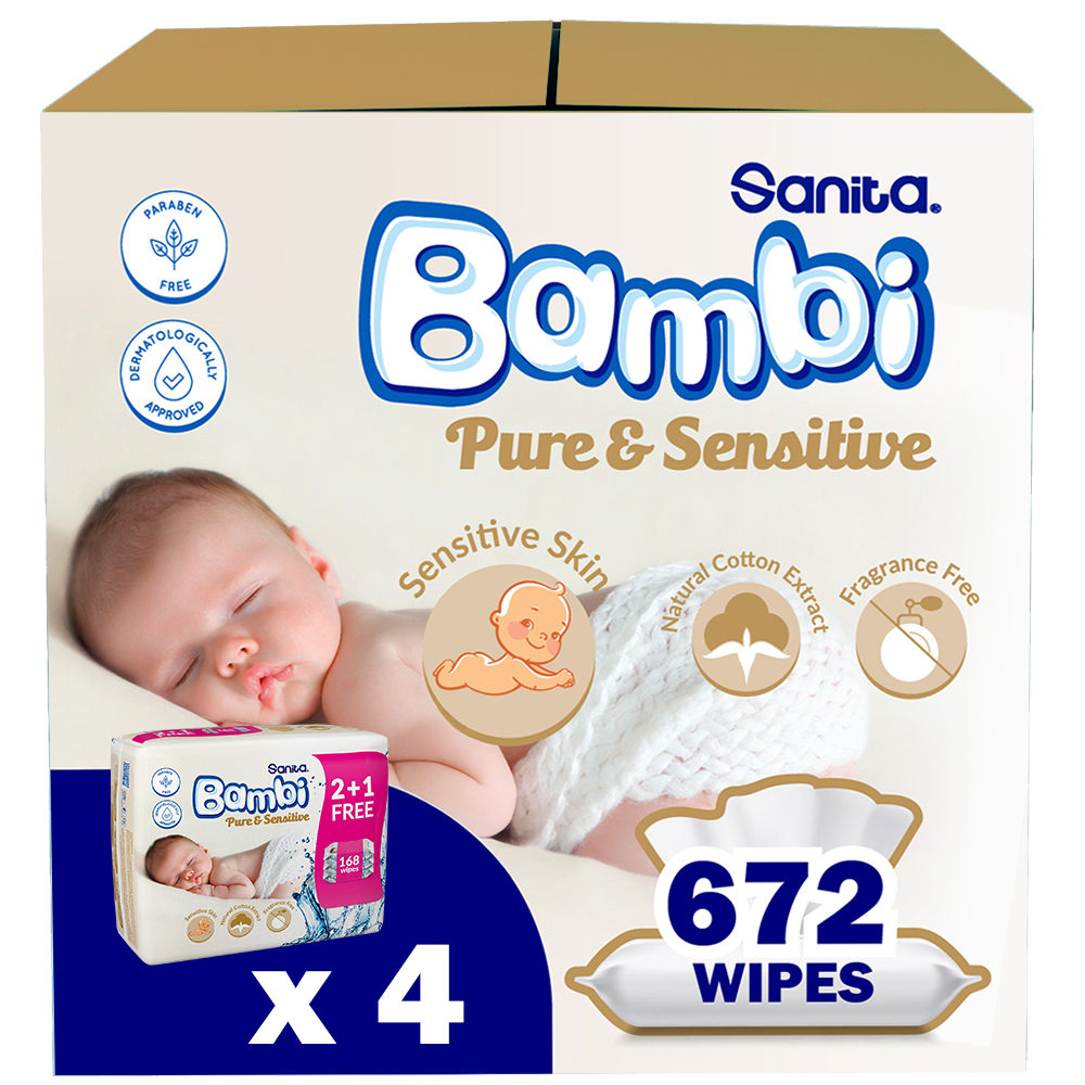 Sanita Bambi Pure And Sensitive Baby Wet Wipes - Pack Of 4 - 672 Wipes
