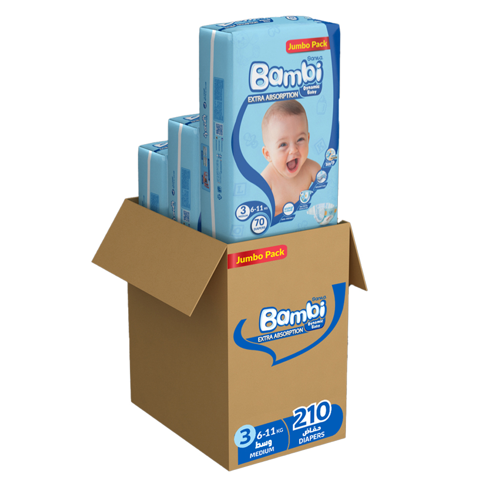 Sanita Bambi - Baby Diapers - Jumbo Pack - Size 3 Medium - 6-11 kg - Pack of 3 - 210 Pcs